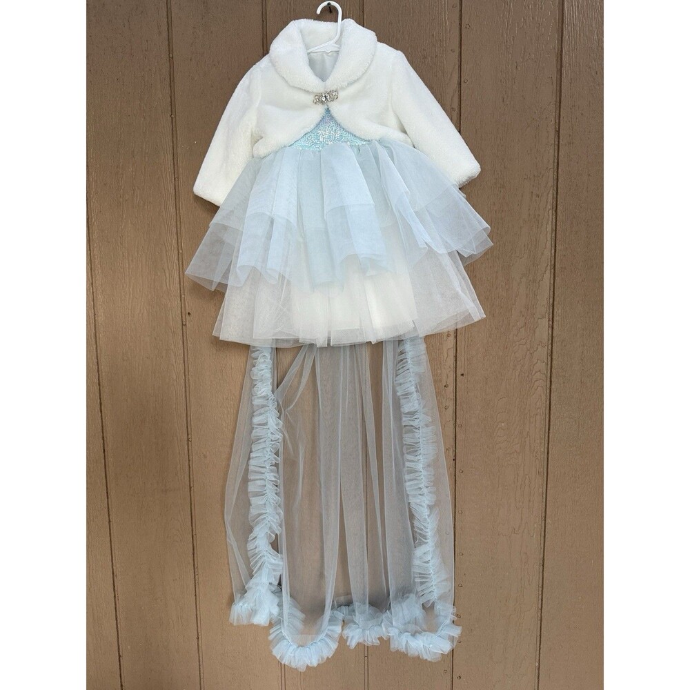 High Quality Dress Princess Birthday Party Fancy Dress 4-5Y &White Faux Fur Vest